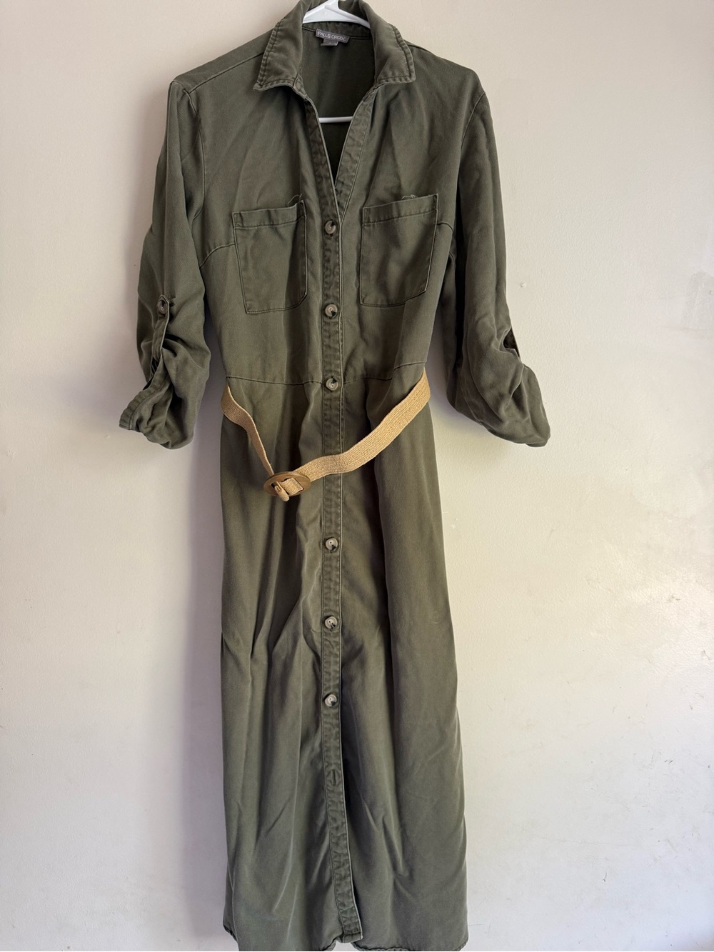Falls Creek Olive Green Button-Front Maxi Shirt Dress with Tan Belt